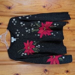 Talbots Poinsetta Christmas Zipper Sweater